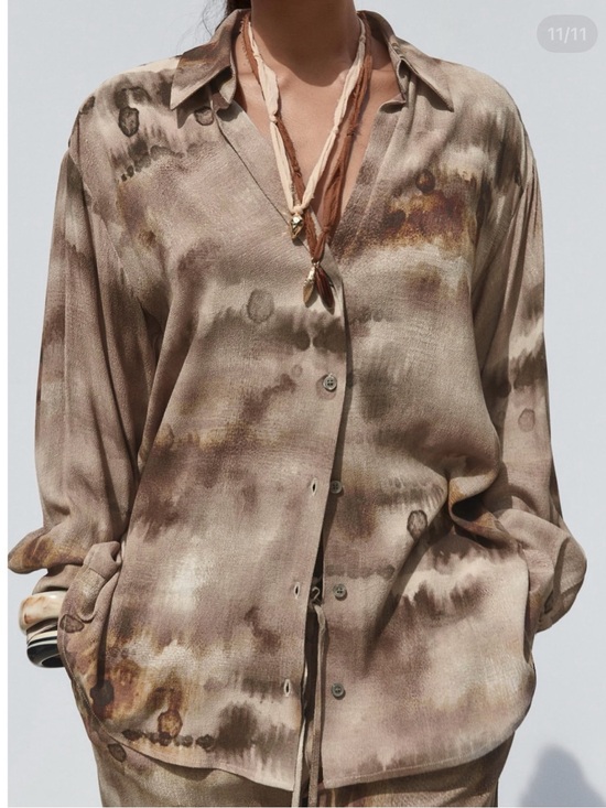 Zara Tops - Zara Taupe Tie-Dye Button-Up Shirt viscose Erthy Natural Sz S oversized